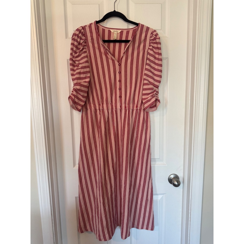 Matilda Jane Womens Red Pink Striped Puff Sleeve Midi Dress Size XS